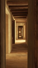 Wooden beams, interior hallway, sunlit perspective