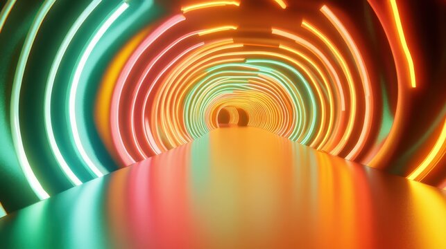 Orange, Pink and Green Colored Stripes form Colorful Neon Lights Tunnel. 3D Render. illustration - Powered by Adobe