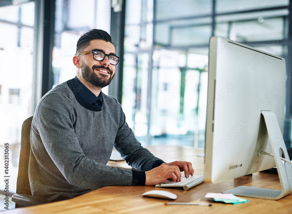 Poster thinking, computer and happy businessman in office with brainstorming ideas, problem solving and sol