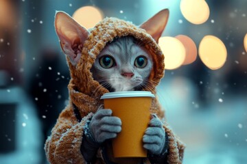 Sad cute baby cat cornish rex in winter warm clothes, holding ho