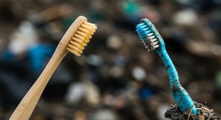 Comparing sustainable bamboo toothbrush with discarded plastic toothbrush on landfill highlighting environmental impact and choices for eco friendly living