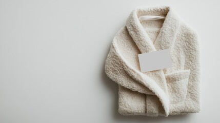 Folded white fuzzy sweater with blank card for presentation