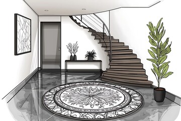 Bright and airy suburban house foyer with polished concrete floors, sleek floating stairs, and an open layout leading into a designer living and dining area