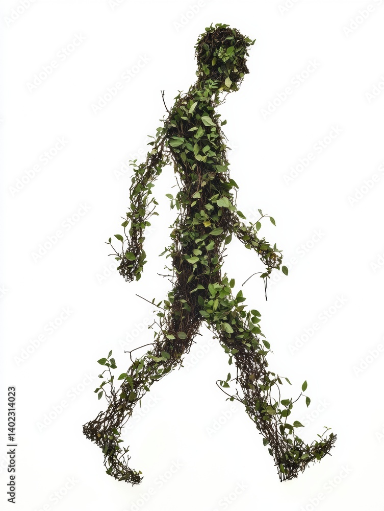 Aufkleber silhouette of a walking figure created with leaves and twigs against a white background during a whi