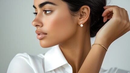 A woman with a pearl earring and a gold bracelet