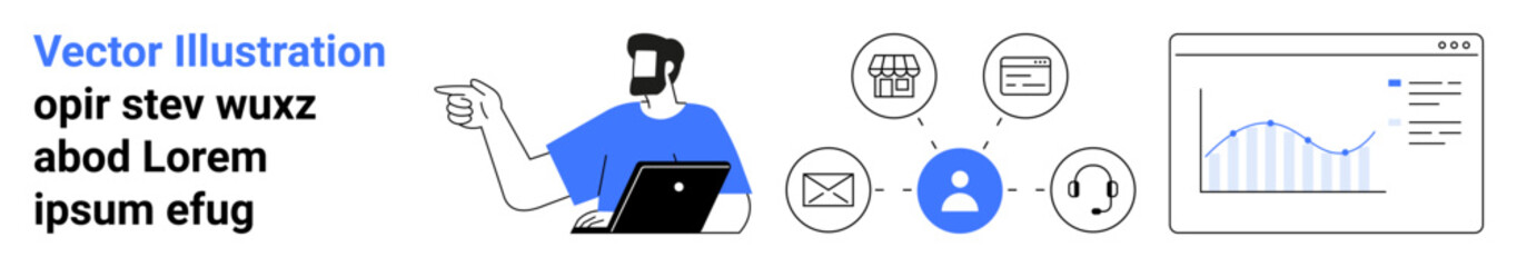 Man with laptop pointing at connected icons, including email, contact, shop, analytics chart. Ideal for business strategy, marketing, networking, team collaboration communication digital growth