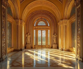 Obraz premium Golden door glows in marble hallway, myth carvings and suspended dust shimmer in warm classical light isolated on transparent background