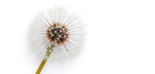 Fluffy dandelion seed head on white background, ready to be blown, wildflower, wishes, whimsical