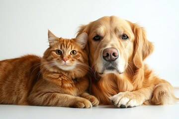 Portrait of a golden retriever dog and a cat looking at the camera photo studio isolated on white, Generative AI