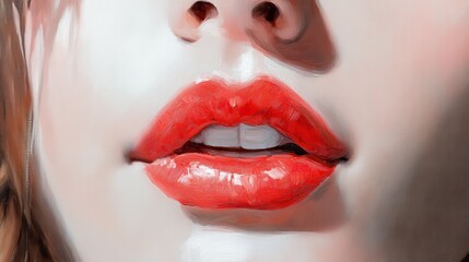 Obraz premium .Fragment of a portrait of a young beautiful girl with red lips. Oil painting on canvas. illustration