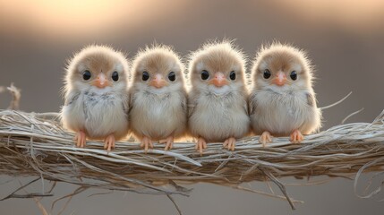 Obraz premium Four adorable baby birds nestled in a straw nest.