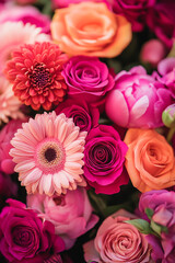 Obraz premium Close-up of bright pink and fuchsia roses, gerbera daisies, alstroemeria magnolias.