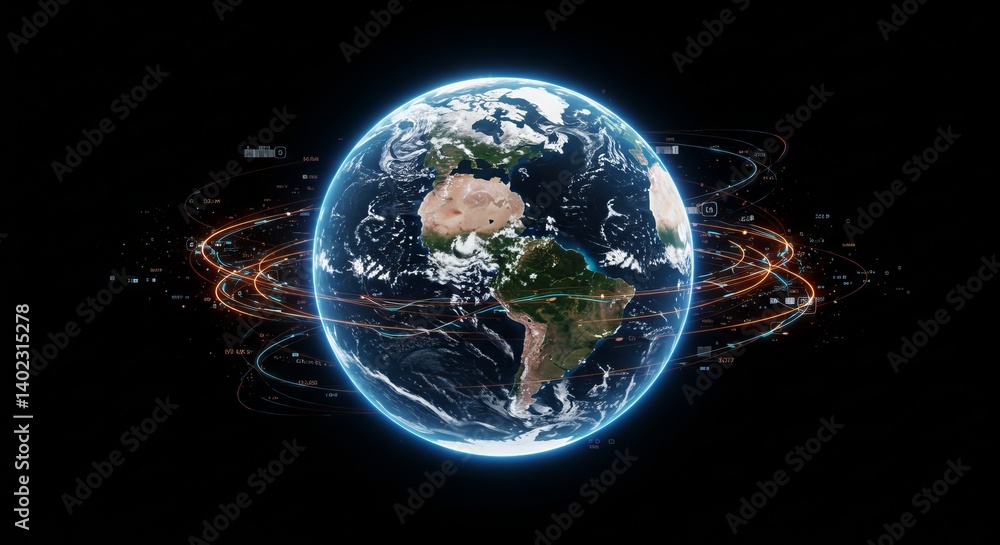 Poster digital earth with glowing data stream orbiting the globe, representing global connectivity and mode