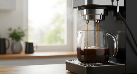 Freshly Brewed Coffee Pouring Into Glass Carafe in Kitchen