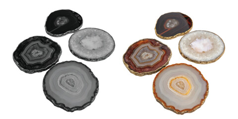 Natural Agate Coasters isolated on white, a metallic set of circle objects
