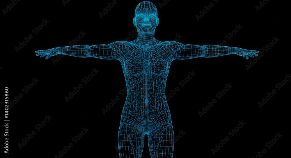 Poster digital human female model wireframe in t pose with arms extended on black background representing t