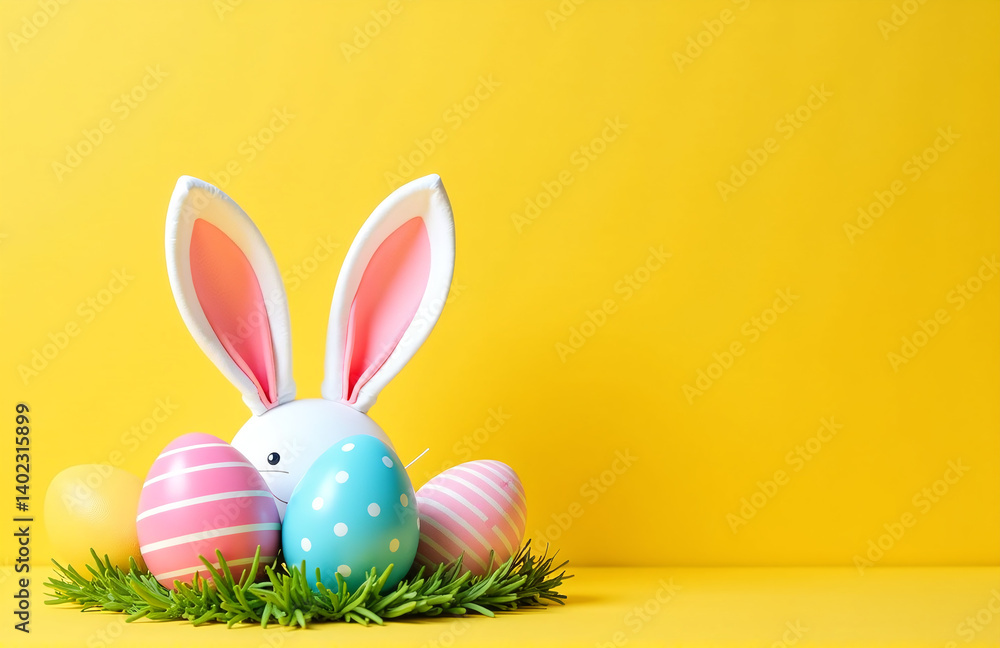 Poster colorful easter eggs and bunny ears sit atop a bright yellow background with plenty of empty space s