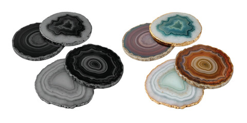 Natural Agate Coasters isolated on white, a metallic set of circle objects