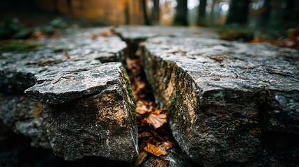 Fototapeta premium Cracked Rock with Autumn Forest Background – Minimalist Close-Up View