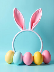 Colorful Easter Eggs And Bunny Ears Are Artfully Arranged On A Soft Blue Background To Showcase Festive Easter Themes Prominently.