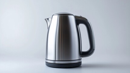 A silver tea kettle sits on a white countertop