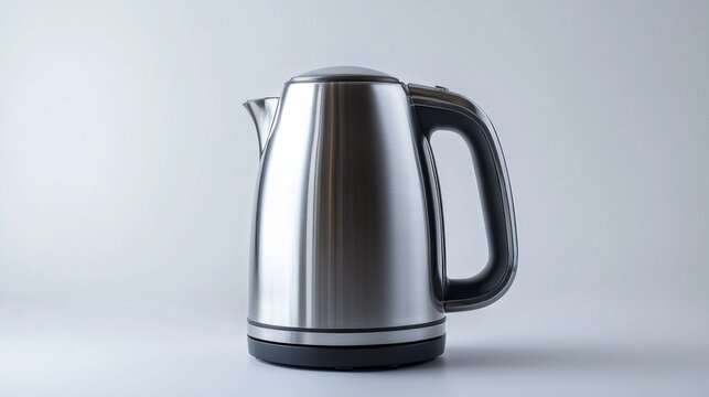 A silver tea kettle sits on a white countertop - Powered by Adobe