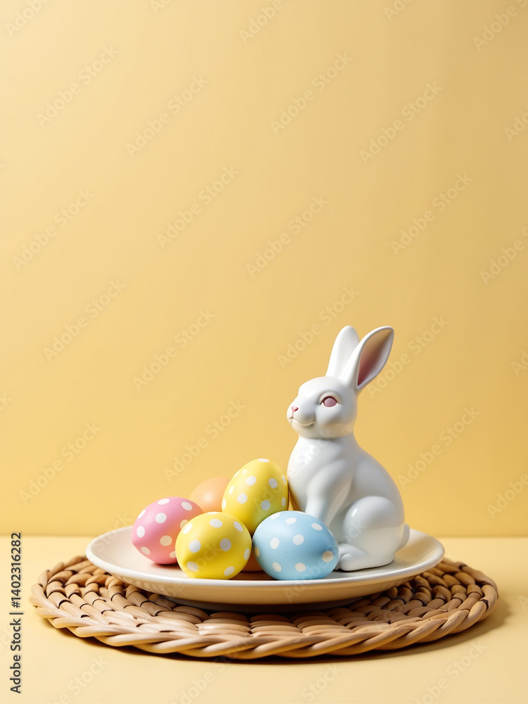 Aufkleber colorful easter eggs and ceramic bunny sit atop a plate on a wicker serving mat against a plain beig