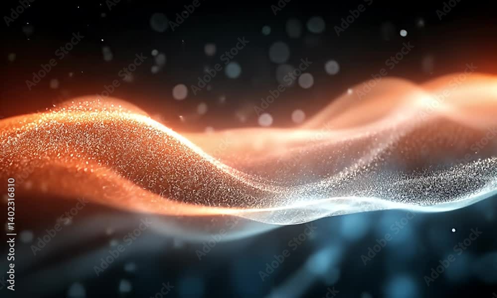 Sticker abstract flowing waves of light particles in blue and orange with a smooth shimmering effect against