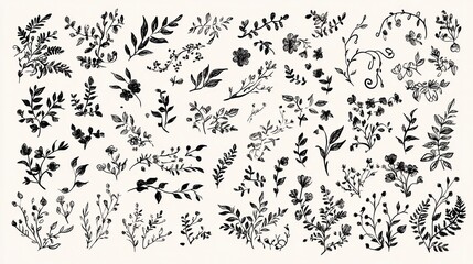 Hand drawn design elements collection. Floral frames, corners, dividers, calligraphic lines, borders, swirls. Illustration in vintage style illustration