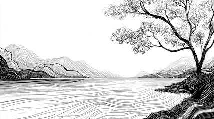 Hand-painted lines, abstract ink landscape decorations, art poster background illustration