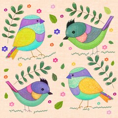 Patchwork colorful Birds in a Garden