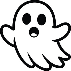 Surprised Halloween Ghost Line Art - Black Cartoon Vector Illustration