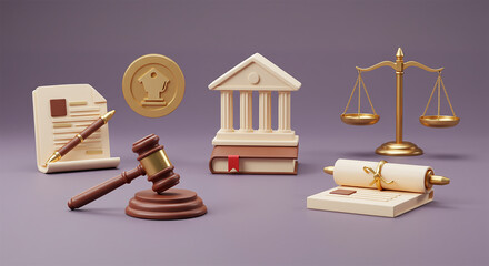 3D Icon Set of Legal and Law Firm Symbols – Gavel, Courthouse, Contract, Legal Document, Scale of Justice, Notary Scroll in Clean Minimalist Style on Soft Background