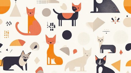 Seamless pattern featuring abstract illustrations of various cats and dogs in flat, minimalist style with neutral colors and geometric shapes. illustration