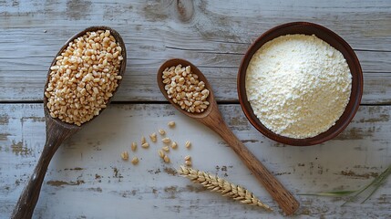 Natural ingredients arranged in wooden spoons with grain and flour on rustic wooden table