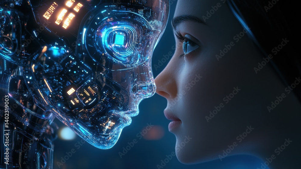 Poster close-up of a consultant discussing ai technology applications with a client focusing on business tr