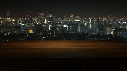 Night cityscape view from a wooden table, showcasing illuminated buildings and distant lights © ceng