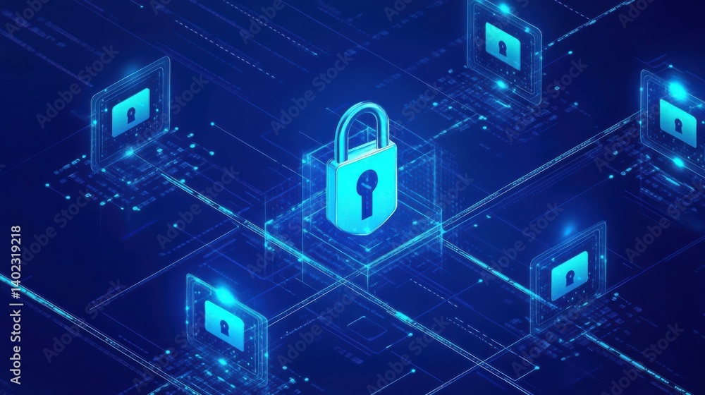 Poster protecting data and networks online is essential. this image shows a blue background with fast inter