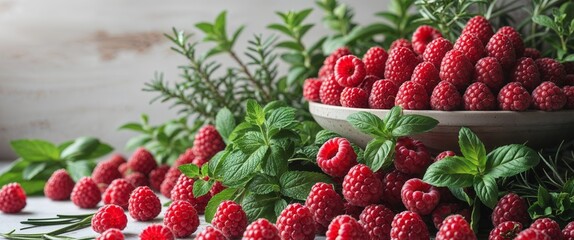 Fresh raspberries and herbs arranged for a culinary display