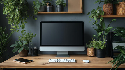 デスクトップPCと観葉植物のある空間