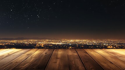 Nighttime cityscape view from a wooden balcony overlooking a vibrant skyline illuminated by stars © ceng
