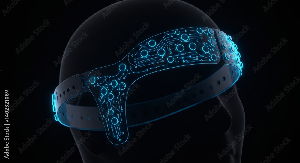 Poster futuristic technology headset device on human head for brainwave monitoring and neural interface app