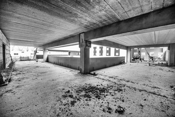 Interior of a construction site, large empty room