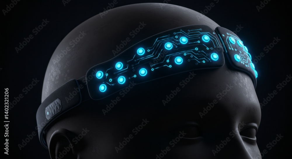 Poster futuristic technology headband device on mannequin head for brain interface and neural connection co