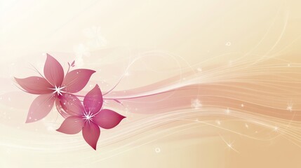 Elegance in Bloom: Two Stylized Pink Flowers with Flowing Lines and Subtle Sparkles on a Soft Beige Background.