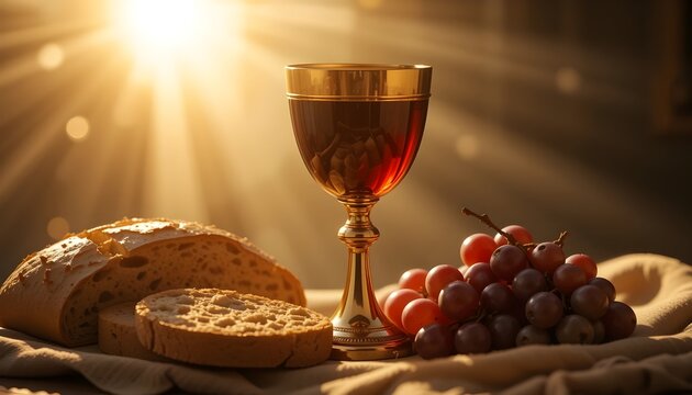 Communion still life with bread wine grapes and golden chalice for religious christian celebration