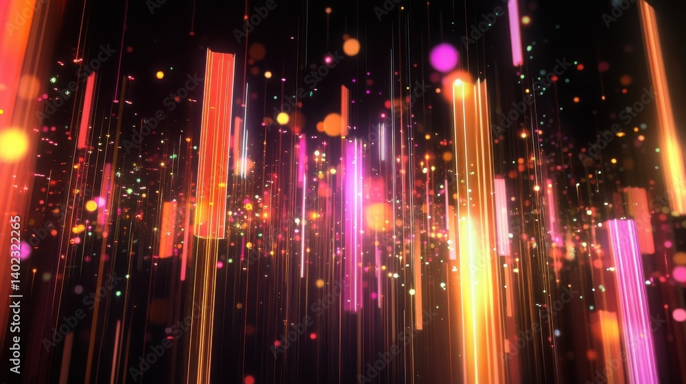 Poster an abstract visual of digital data represented by glowing bars and particles. illustration