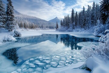 Fototapeta premium A serene winter landscape with frozen water and snow covered trees