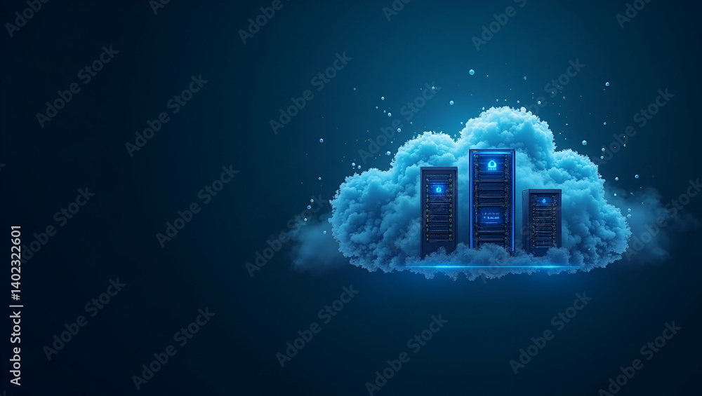 Poster Robust Cloud Server Solutions: High-Performance Computing, Secure Data Storage & Scalable Virtualization for Reliable Enterprise Operations - Photo Stock Concept with Left Space