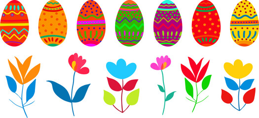 Easter vector objects - bright eggs and spring abstract flowers - decor textile design